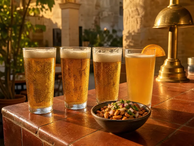 Three glasses of golden lager and a hazy wheat beer with an orange slice, beside masala peanuts on a terracotta bar counter at golden hour.