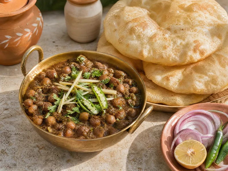 A brass bowl of dark chana masala topped with coriander, ginger and green chilli, with puffed bhature and sliced onion.