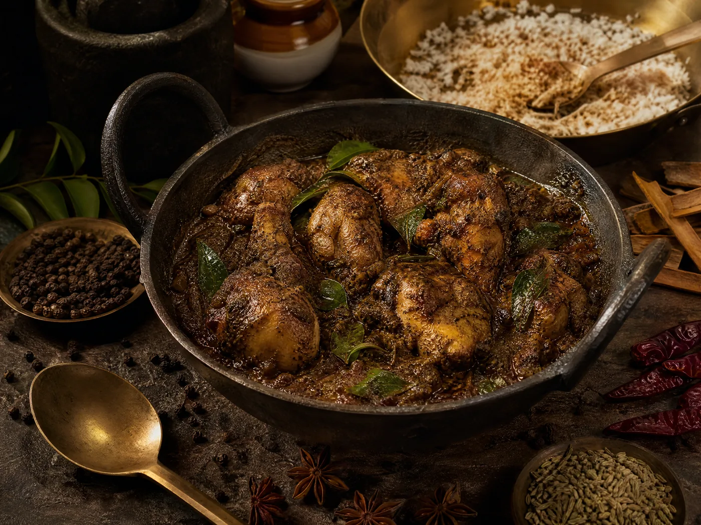 A cast-iron pan of dark, peppery Chettinad chicken curry surrounded by whole spices on a stone slab.