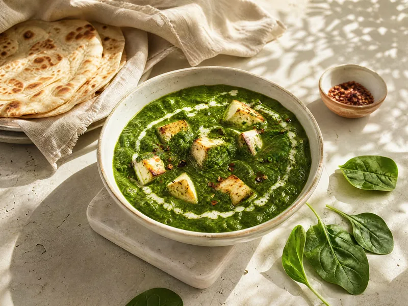 A bowl of vivid green palak paneer with golden paneer cubes and a swirl of cream, with roti.