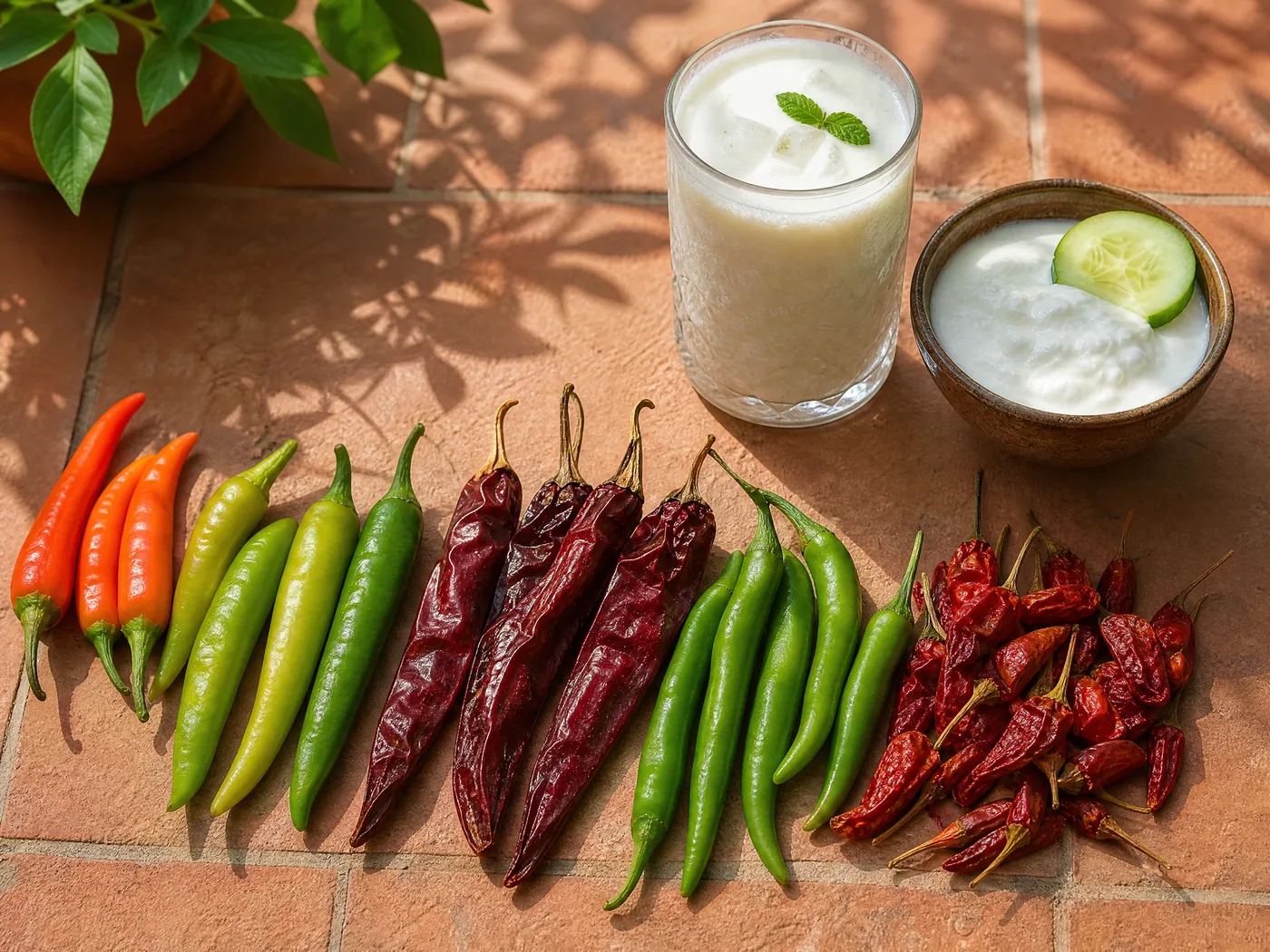 Fresh red and green chillies and dried red chillies, long and short, laid out beside a glass of lassi and a bowl of yogurt.
