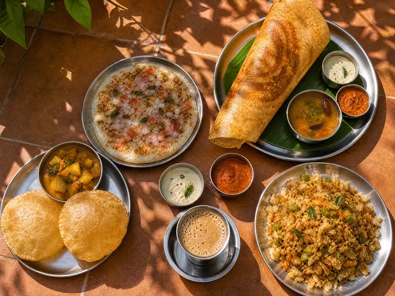 A South Indian breakfast spread of masala dosa, onion uttapam, poori with potato curry, kothu parotta, chutneys, sambar and filter coffee.