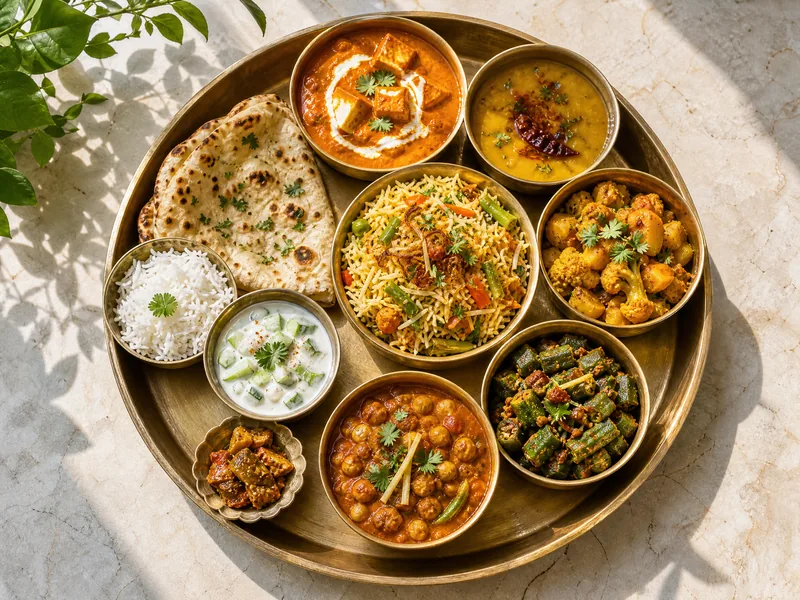 A vegetarian Indian spread of paneer butter masala, dal, aloo gobi, bhindi, chana masala and vegetable biryani with naan and raita.