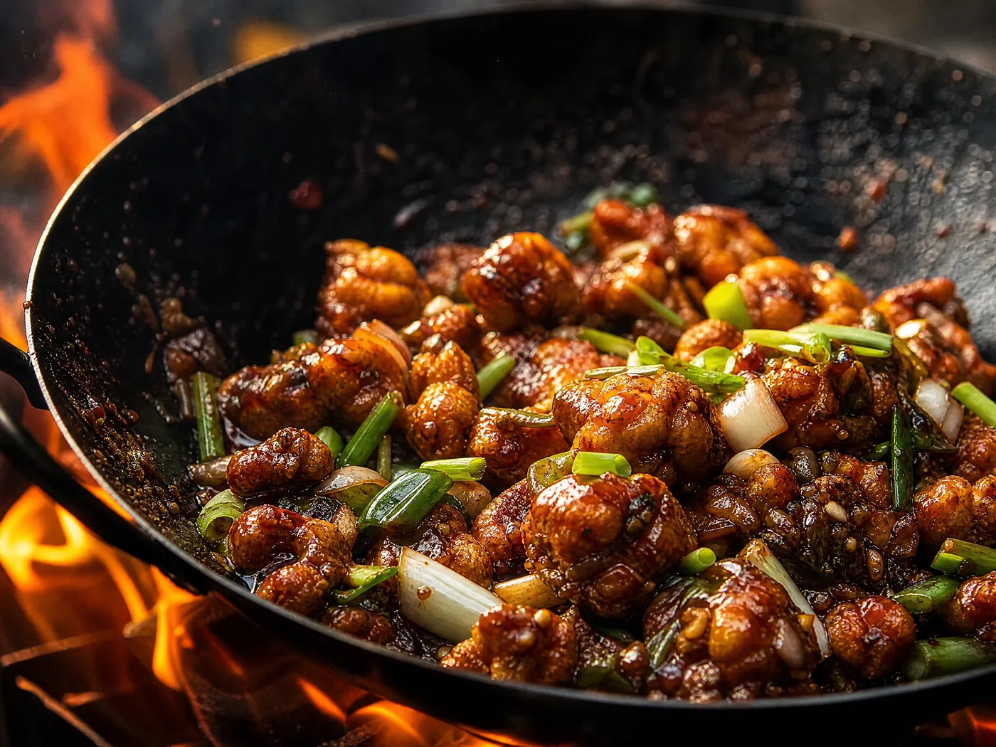 Gobi Manchurian tossed in a flaming wok.