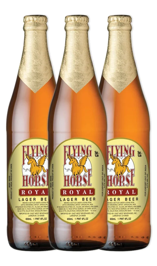 Three bottles of Flying Horse Royal Lager.