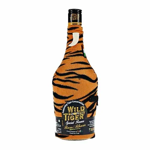 Wild Tiger rum bottle in a tiger-stripe sleeve.